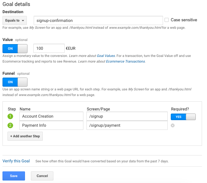 analytics goal setup