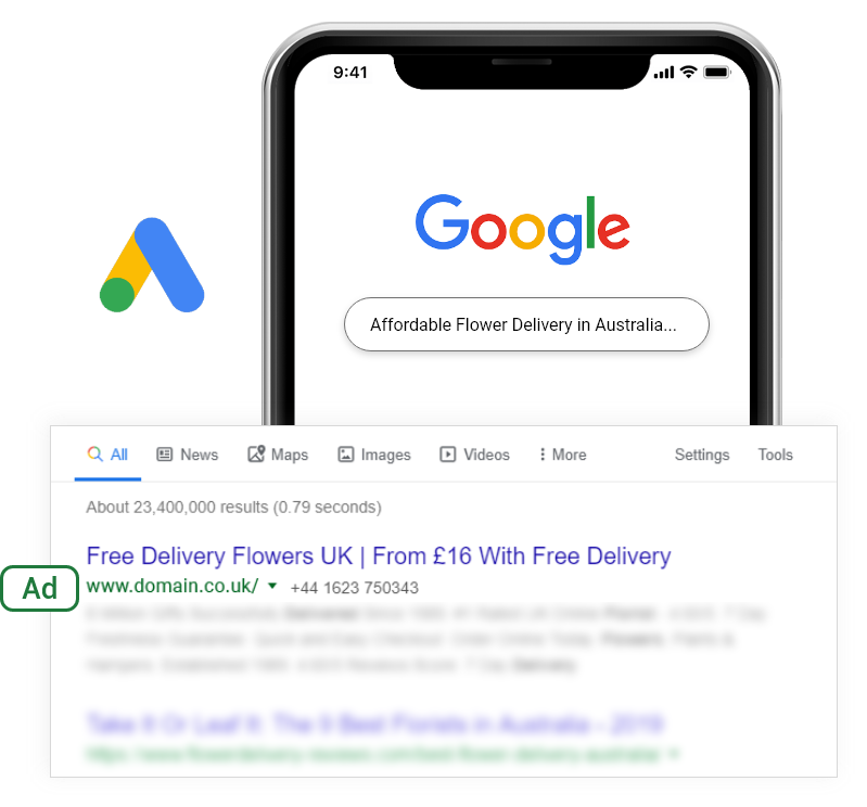 Ad preview in Google SERP for an Australian flower shop