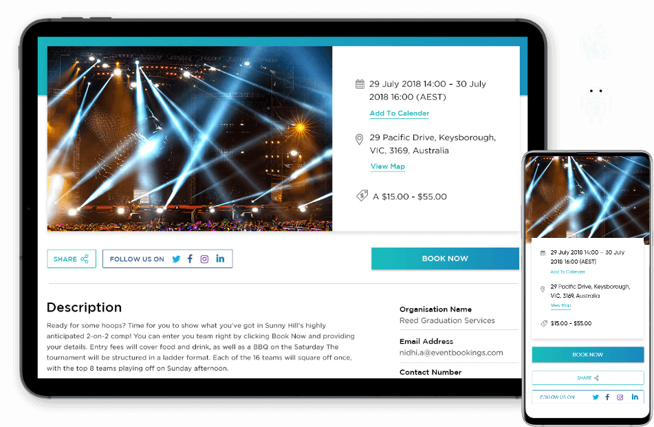 Event details on event bookings website on desktop and mobile device.