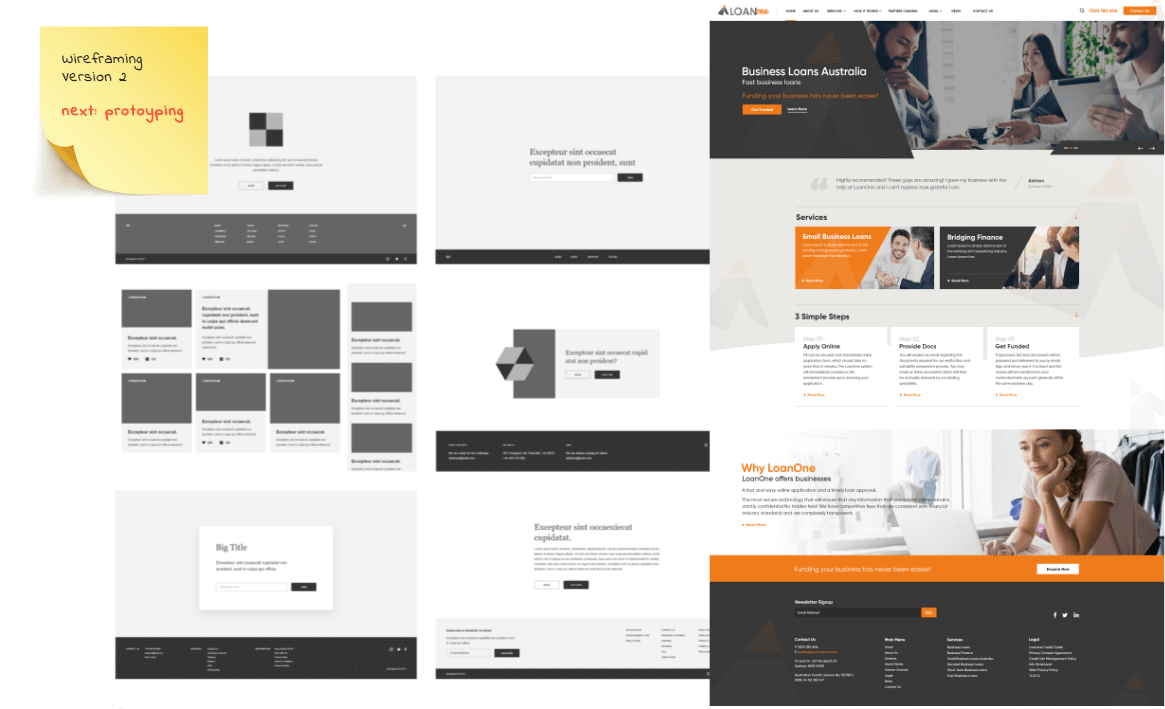The wireframing design process for Loan One business website