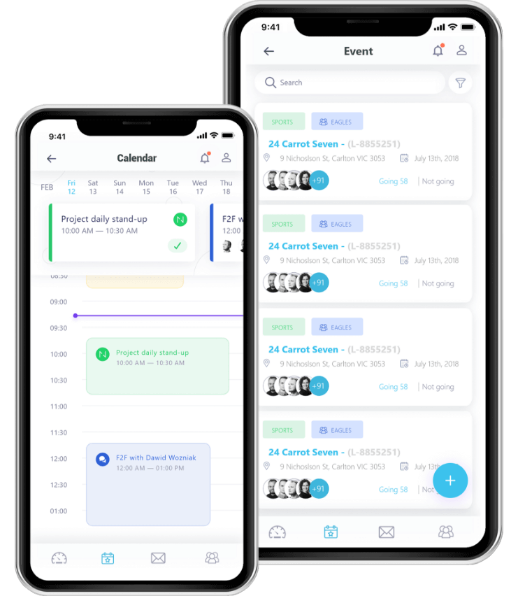 Calendar and event view of a mobile app