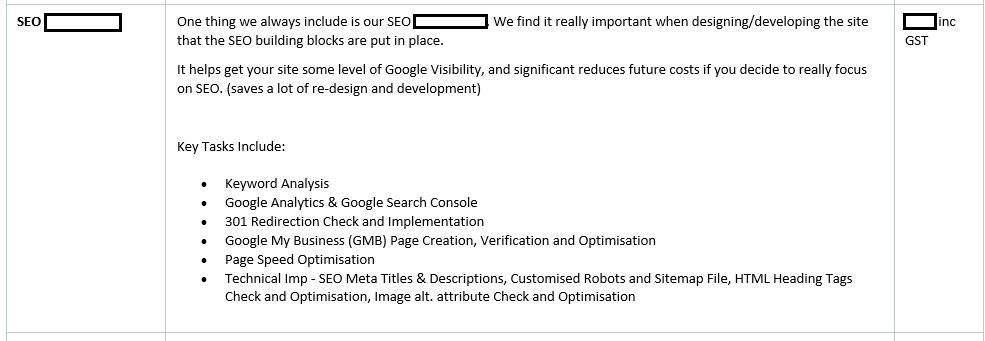 A sample quotation from an SEO client three