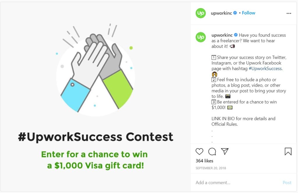 Upwork success contest on Instagram