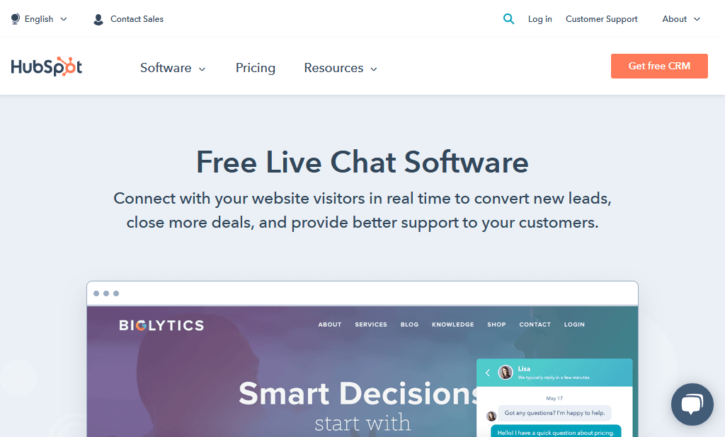 HubSpot Free Live Chat Software homepage