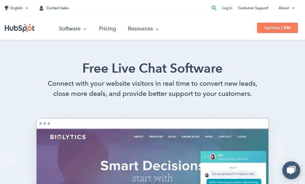 HubSpot Free Live Chat Software homepage