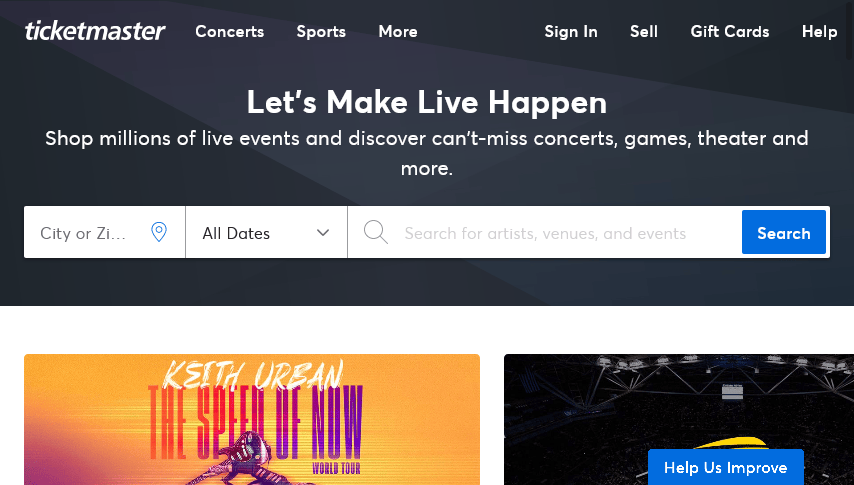 Ticketmaster homepage