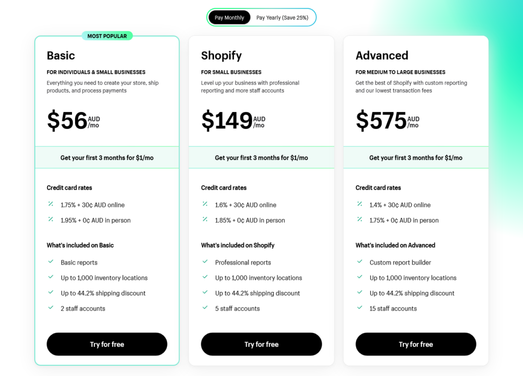 Shopify pricing table