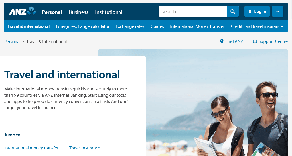 ANZ International Banking financial services website