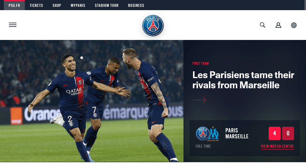 PSG Soccer club website designs
