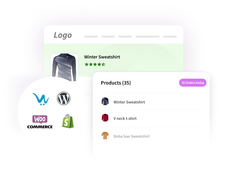 Ecommerce platform layout with product page and order