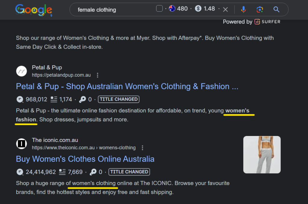 Female clothing search on Google SERP