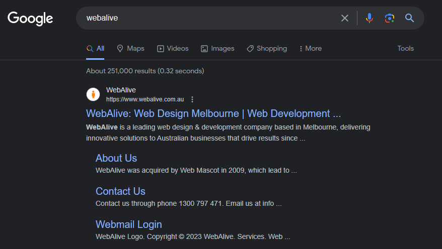 Google SERP in dark mode